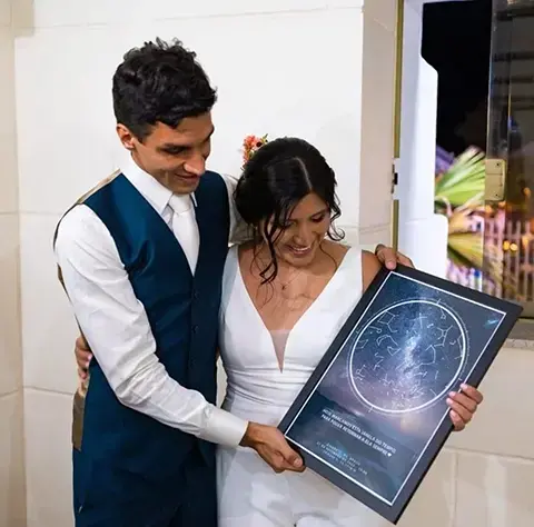Couple holding framed star map from engagement and wedding