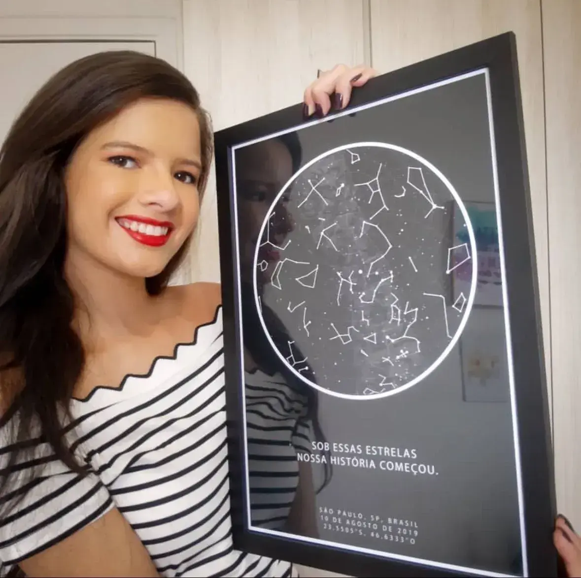 Woman with star map from the beginning of the relationship, framed romantic keepsakeRetry